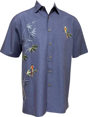 Bamboo Cay Embroidered Mens Short Sleeve Flying Parrots Tropical Hawaiian Button Down Shirt