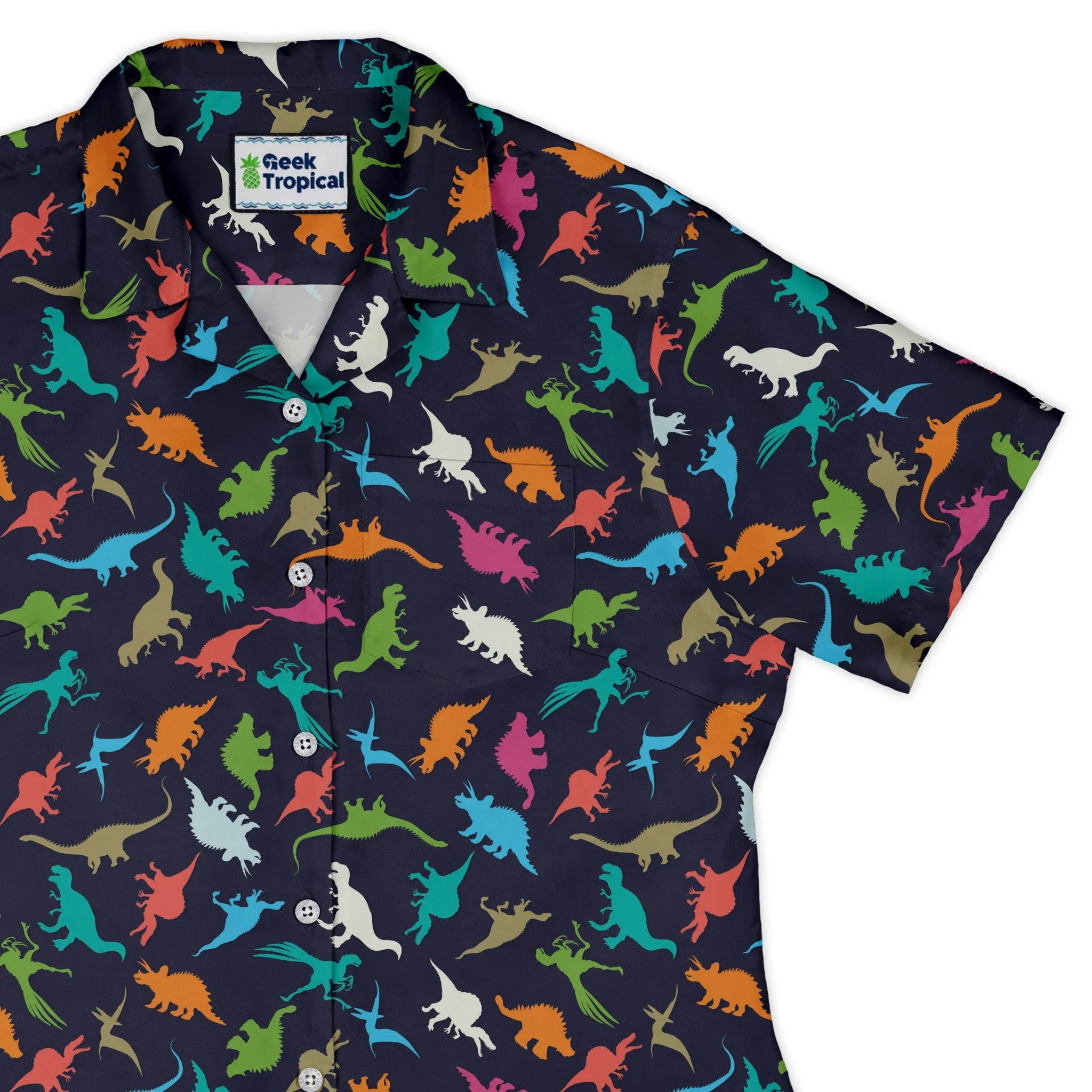 Colorful Dinosaur Silhouettes Navy Curvy Button Up Shirt