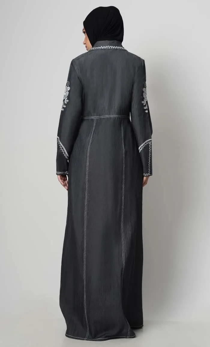 Contrast Embroidered Denim Abaya - Final Sale