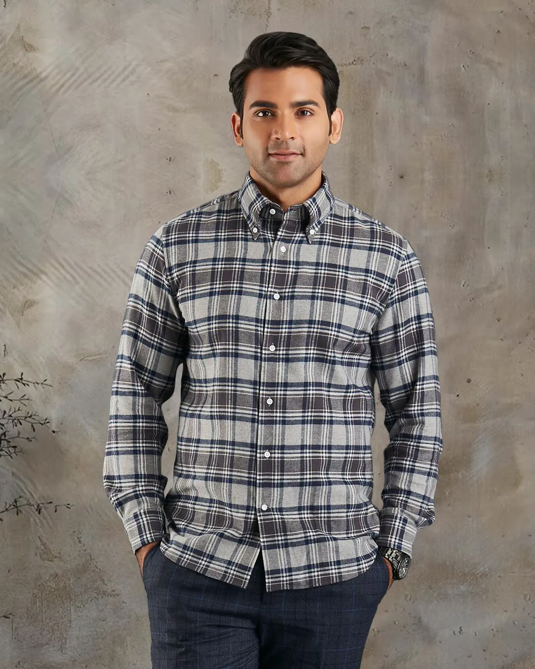 Dark Gull Grey Navy Plaid Flannel Shirt