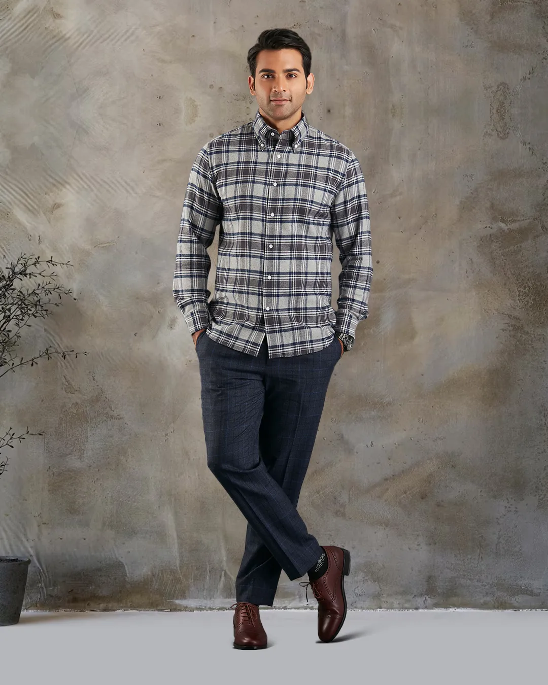 Dark Gull Grey Navy Plaid Flannel Shirt