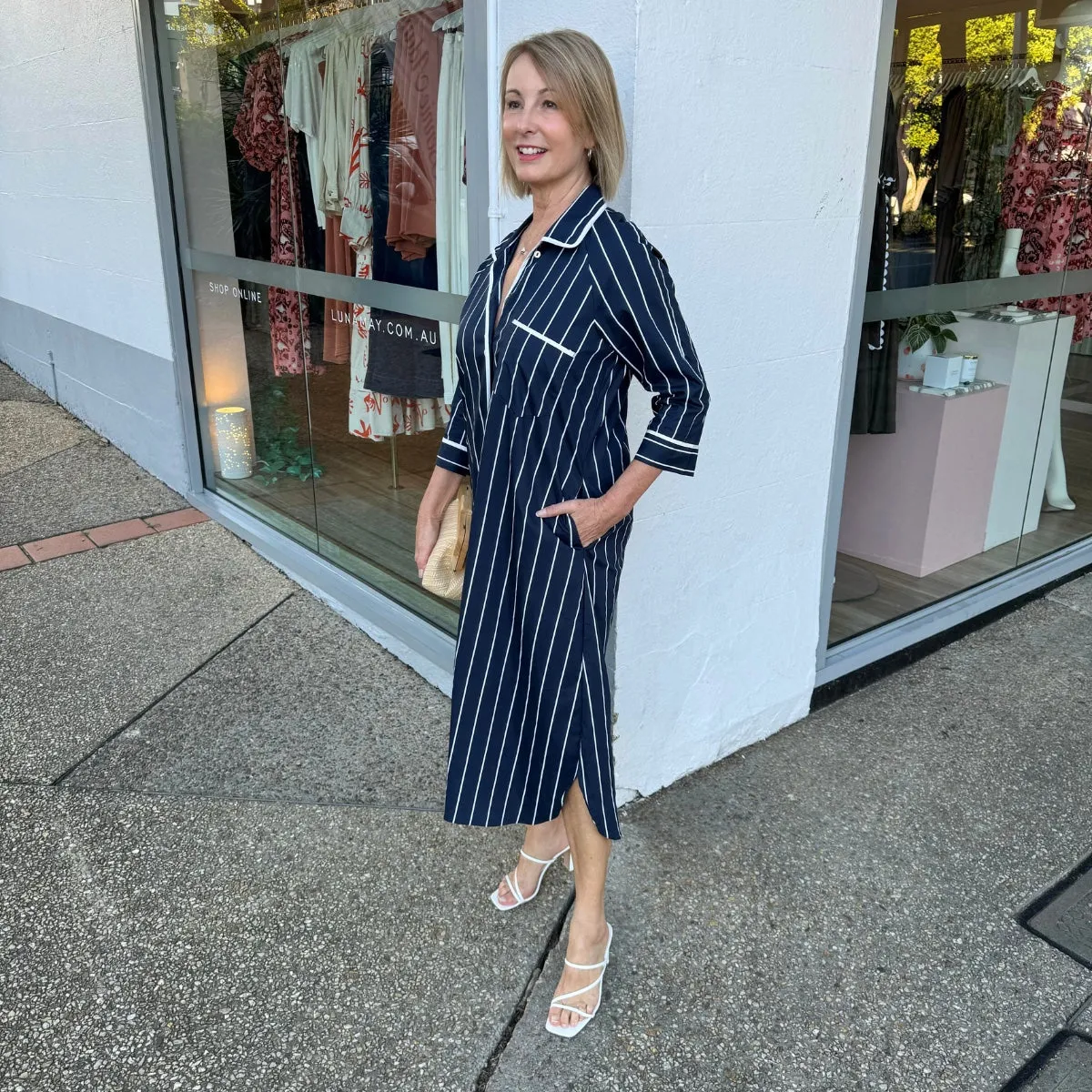 Kellie Shirt Dress (Navy Stripe)