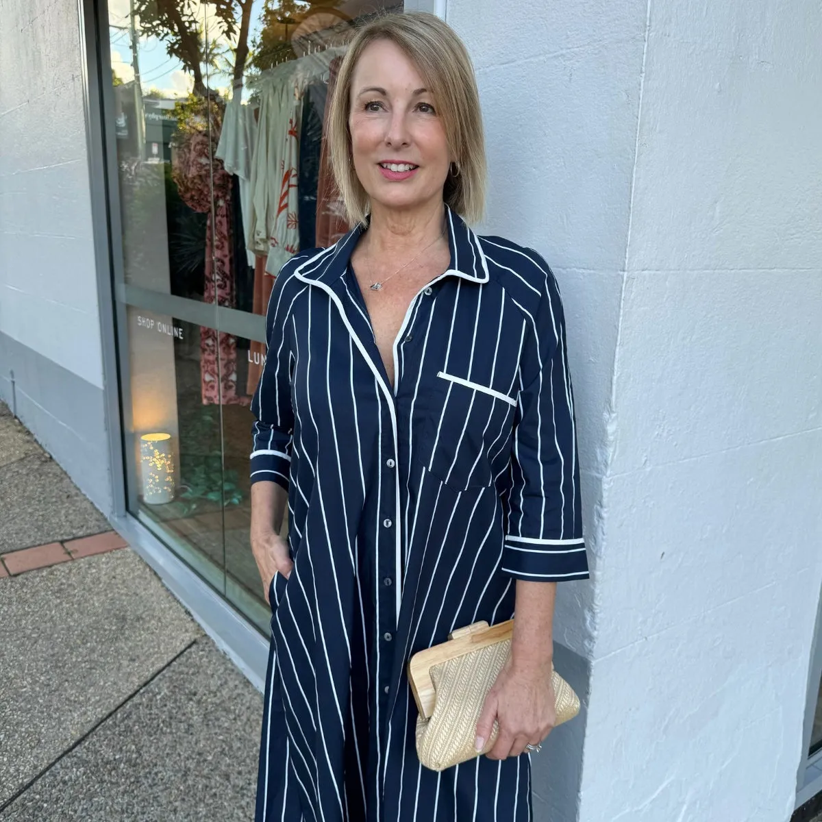 Kellie Shirt Dress (Navy Stripe)