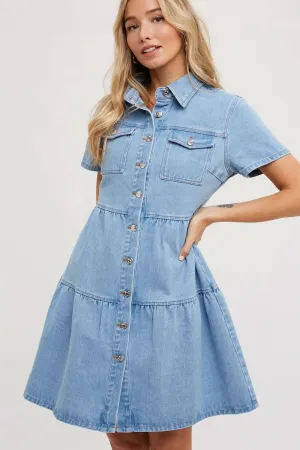 Light Wash Denim Tired Button Front Shirt Dress