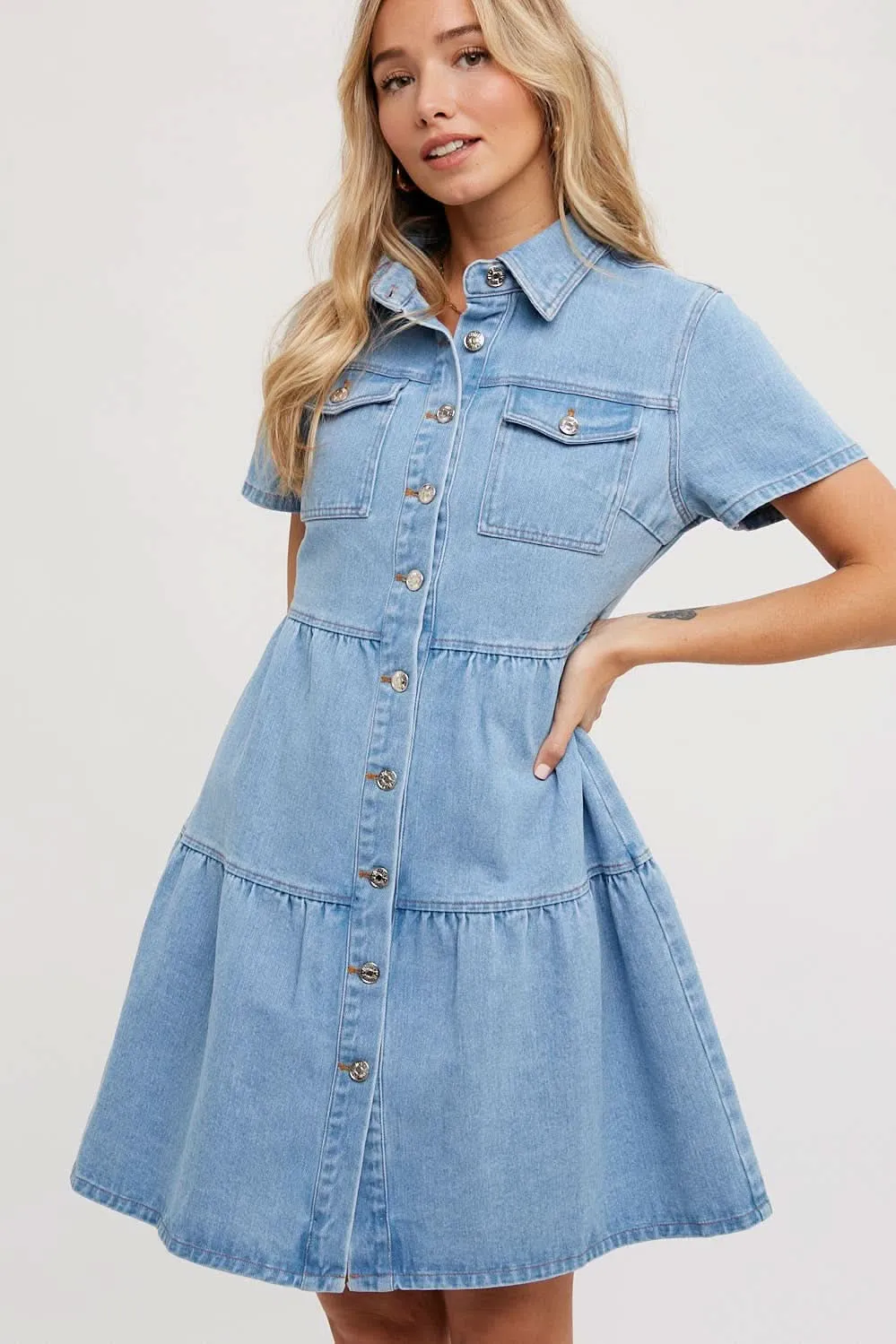 Light Wash Denim Tired Button Front Shirt Dress