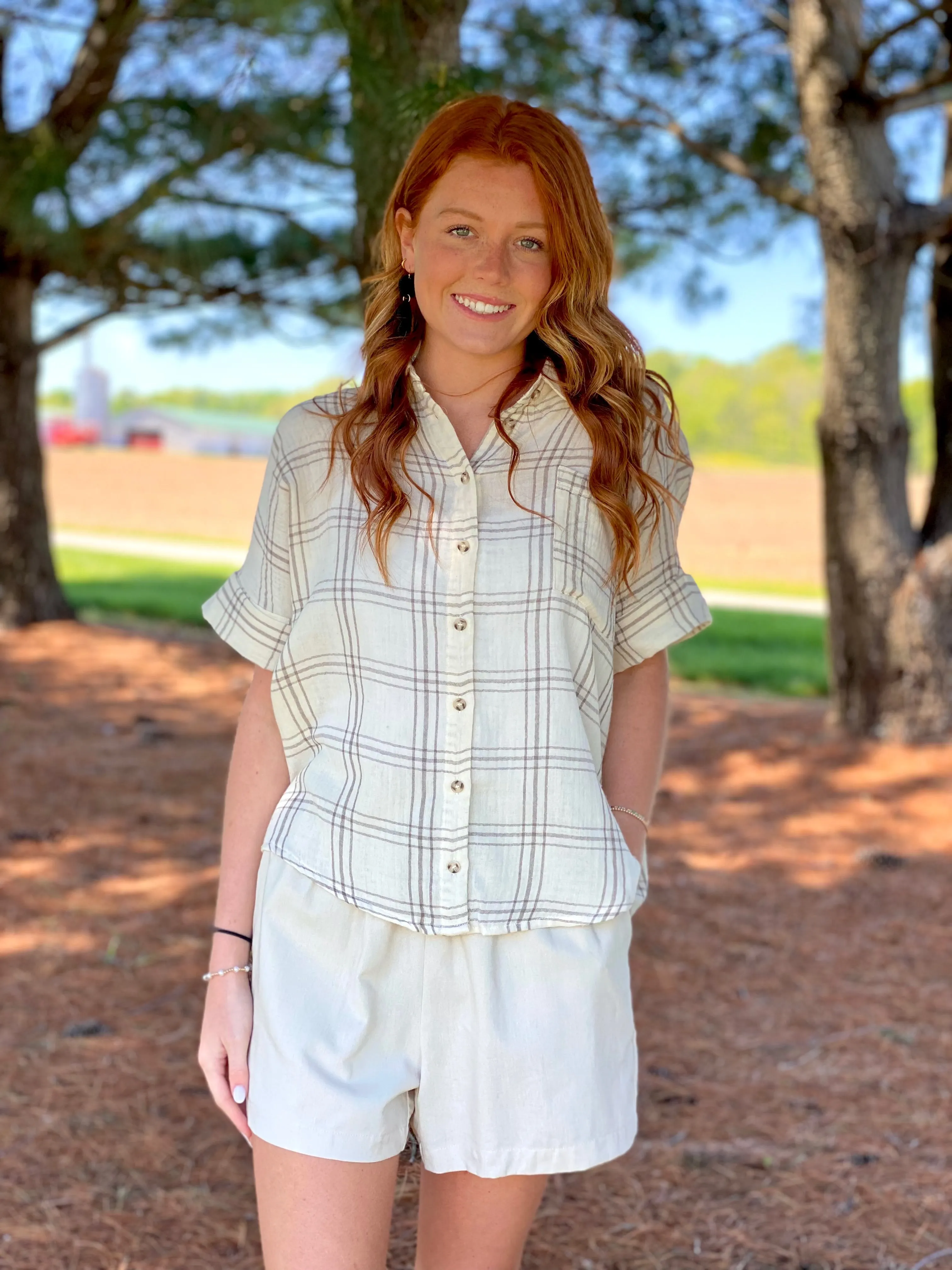 Mocha Plaid Button Down Top
