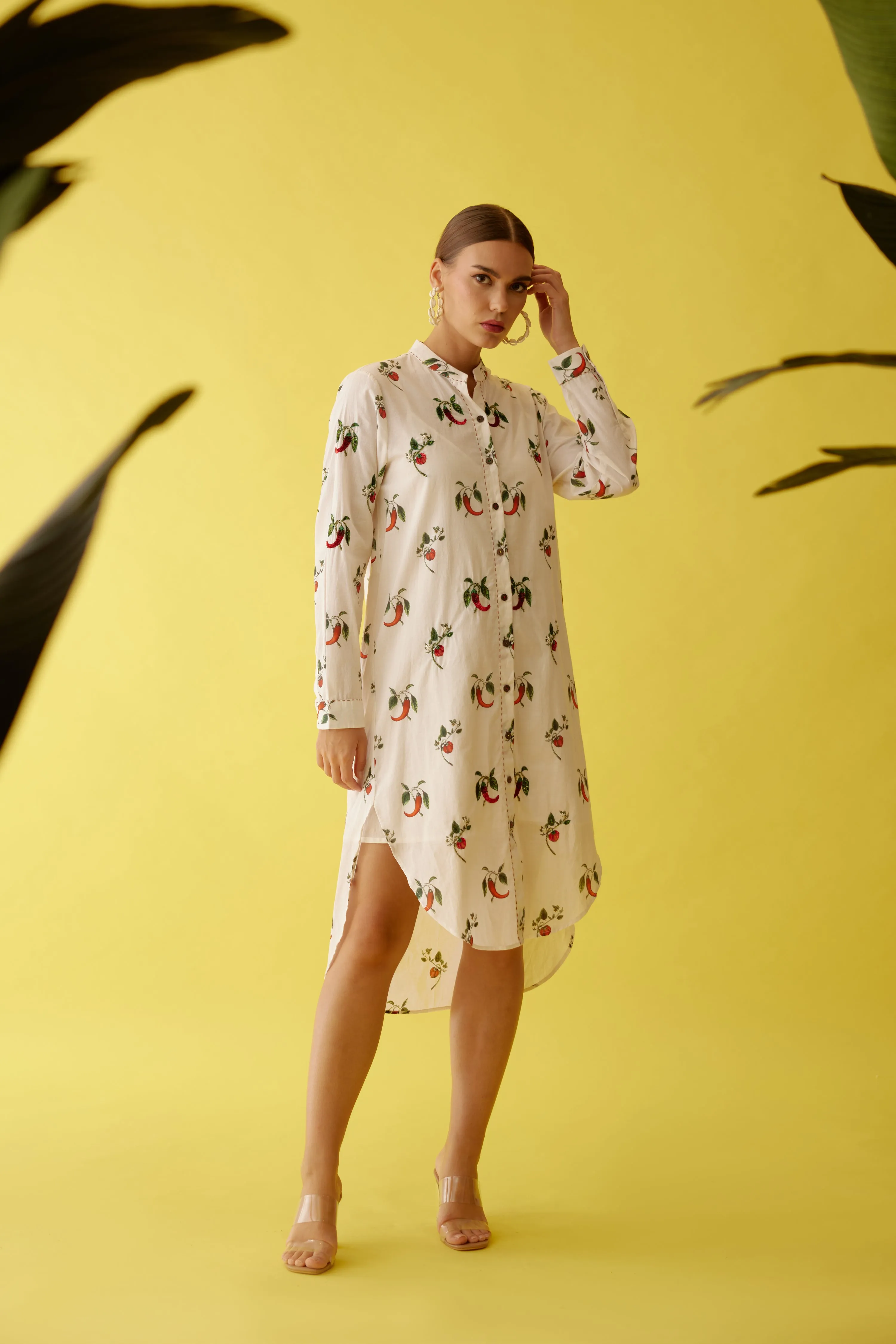 Off-white hand painted chilli print hi-low shirt dress