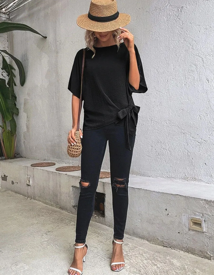 Plain Round Neck Short Sleeve Knotted Loose T-Shirt