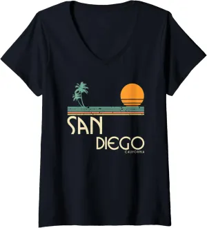 Womens Vintage San Diego California Sunset Palms V-Neck T-Shirt
