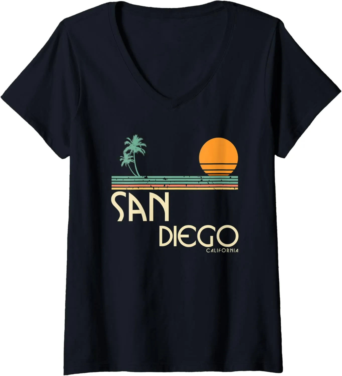Womens Vintage San Diego California Sunset Palms V-Neck T-Shirt
